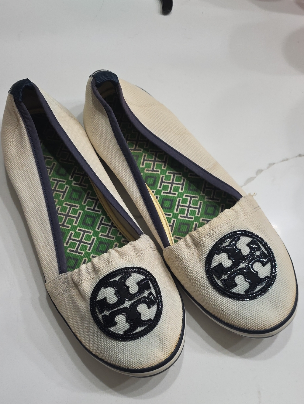 Tory Burch Canvas Slip-On Ballet Flats in Cream with Navy Logo Accent